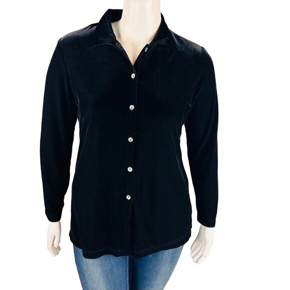 Ronnie Nichole Womans Sz Large Blouse Black Velvet Stretch Button Front - Picture 2 of 8